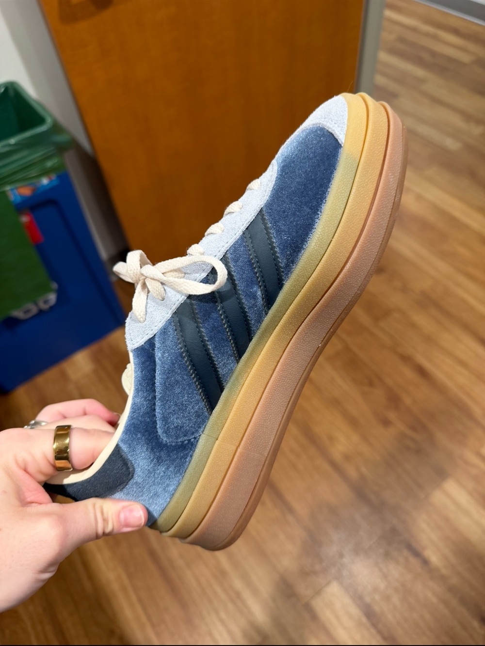 Adidas Gazelles Women's Blue Suede Athletic Sneakers with Tan Gum Sole